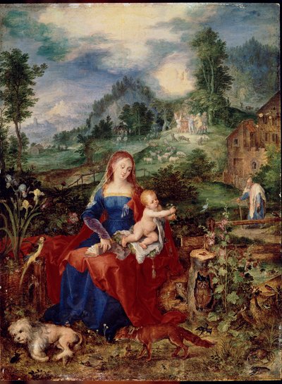 La Sainte Famille avec des animaux feuilletant un livre et tenant l