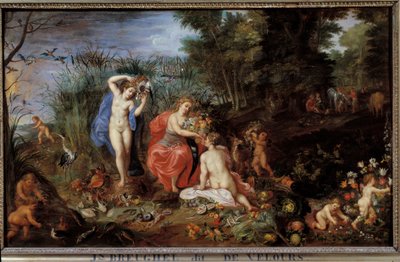Les quatre éléments Trois grâces représentées dans un paysage forestier, avec des légumes (choux, citrouilles, artichauts, carottes, poivrons) fruits (prunes, grenades, pêches) poissons, coquillages. Peinture par Jan Breugel l