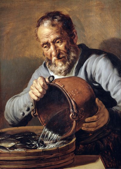 Eau et vieillesse : Poissonnier avec seau et bac de poissons - Jan the Elder Lievens