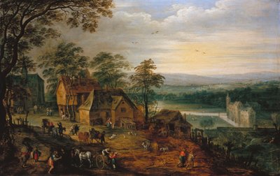 Rue de village avec figures et charrettes, un château entouré de douves en arrière-plan - Jan Brueghel the Younger