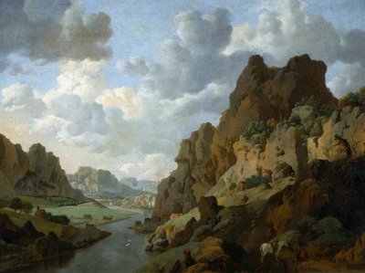 Néerlandais : Paysage de montagne avec des voyageurs au repos Paysage rocheux. - Jan van Aken