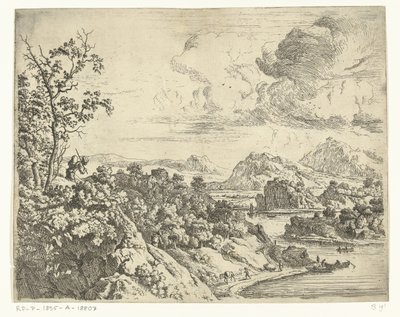 Paysage fluvial avec homme portant un paquet sur son dos - Jan van Aken