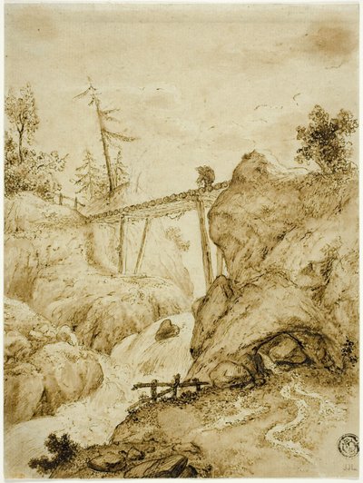 Homme Traversant un Pont de Rondins au-dessus d