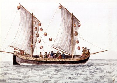 Un trabac vénitien avec des lanternes, bateau de pêche utilisé dans les eaux peu profondes comme la mer Adriatique. Dessin à l
