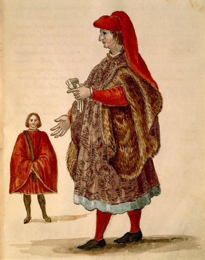 Sénateur vénitien portant une "Dogalina", robe formelle à larges manches, Gli Abiti de Veneziani, livre illustré de costumes - Jan van Grevenbroeck