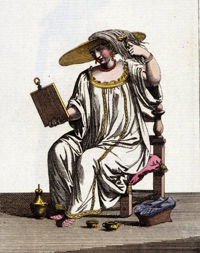 Méthode des femmes vénitiennes pour éclaircir leurs cheveux au soleil aux 17ème - 18ème siècles. Dessin à l