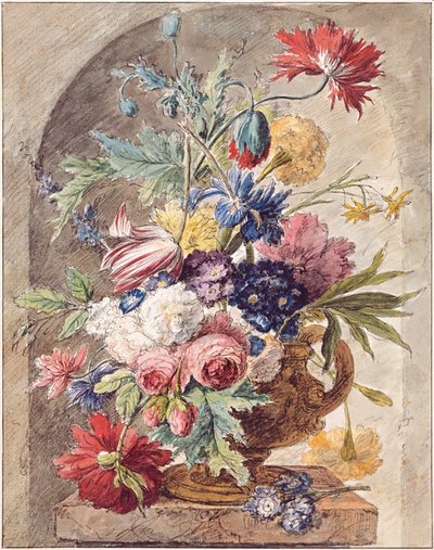 Hollandais : Nature morte aux fleurs dans un vase avec oreille sur un piédestal dans une niche Nature morte aux fleurs - Jan van Huysum