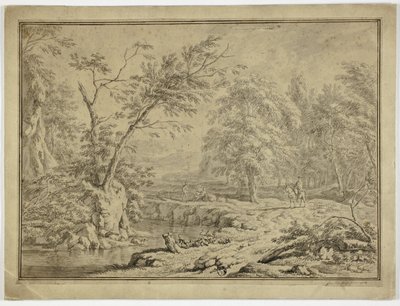 Paysage avec bergers près de la rivière et homme à cheval - Jan van Huysum