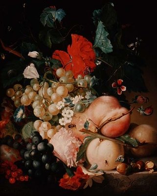 Fleurs et fruits mélangés avec des insectes sur un socle en marbre - Jan van Huysum