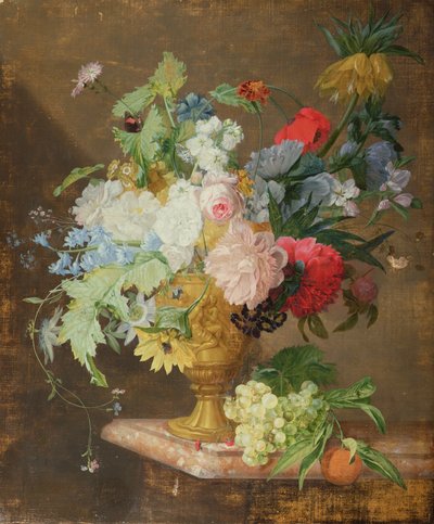 Nature morte de fleurs dans un vase doré sur un rebord de marbre - Jan van Huysum