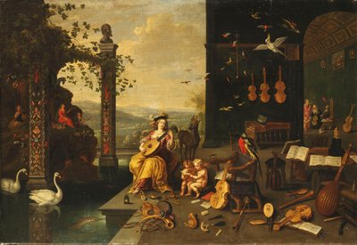 Allégorie de la musique : une jeune femme jouant du luth sur une terrasse devant une galerie ouverte - Jan van Kessel