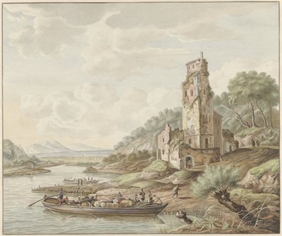Paysage avec bateau de marchandises près d