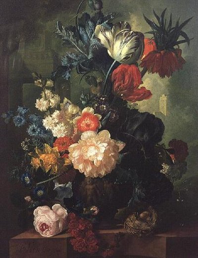Roses, tulipes, œillets et autres fleurs dans une urne sculptée - Jan van Os