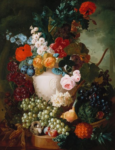Roses, coquelicots et autres fleurs dans un vase sculpté avec des fruits, une souris et un nid d