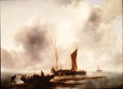 Pêcheur déchargeant leur prise dans un calme - Jan van de Capelle or Cappelle