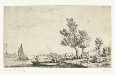Paysage fluvial avec deux hommes dans une barque - Jan van de Cappelle (attributed to)