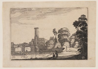 Ferry devant un pont de pierre - Jan van de Velde II