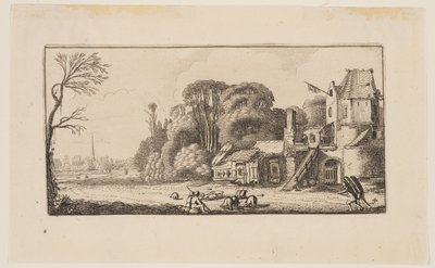 Paysage avec des cochons et deux colporteurs, extrait de Six paysages - Jan van de Velde II