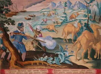 Des marins dans un pays barbare horrible tuent des chameaux avec des mousquets pour soulager leur faim, planche 28 