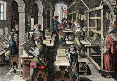 Imprimerie, vers 1600 - Hollande, Impression : à gauche, les caractères utilisent des caractères, les différentes étapes de la préparation de l