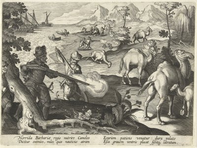 Des marins dans un pays barbare tuent des chameaux avec des mousquets pour soulager leur faim, illustration de 