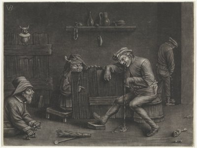 Intérieur avec un homme urinant, un homme vomissant, un nain et un mendiant - Jan van der Bruggen