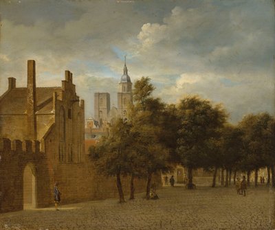 Un paysage urbain avec des personnages qui se promènent, une église au-delà. - Jan van der Heyden