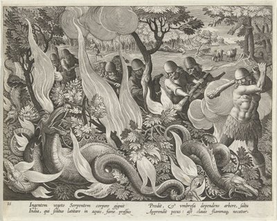 Capture de serpents en Inde utilisant des bâtons et des torches pour éclairer les sous-bois, gravure publiée en 1640 - Jan van der Straet