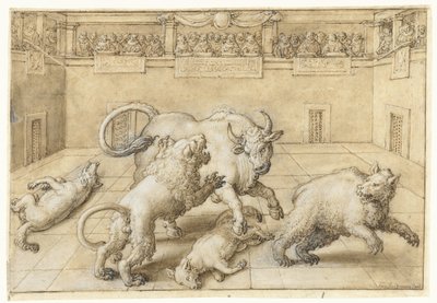 Combat dans une arène entre un taureau, un lion, un ours et deux loups - Jan van der Straet