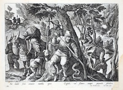 Les chasseurs utilisent des lances ou des fusils chargés de plomb pour chasser le sanglier des montagnes, illustration de 