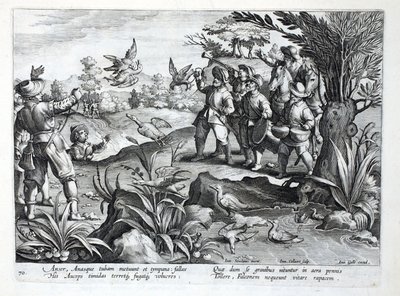 Chasseurs utilisant des faucons pour chasser les oies, illustration de 
