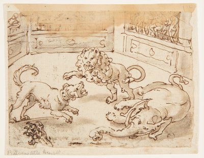 Recto : Alexandre le Grand regardant un combat entre son chien, un éléphant et un lion ; Verso : inscription relative à l