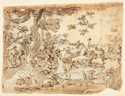 Recto : Chasse aux Oiseaux avec des Faucons ; Verso : Lunette décorée avec des animaux, capricorne et feuillage - Jan van der Straet, called Stradanus
