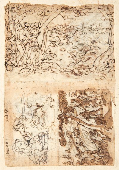 Recto, en haut : Chasse à la grue avec des cônes ; En bas, à gauche : Jacob, demi-figure ; lion avec un bandeau sur la tête ; carte des fortifications ; En bas à droite : Chasse au renard. Verso, en haut à gauche : Chasse à l