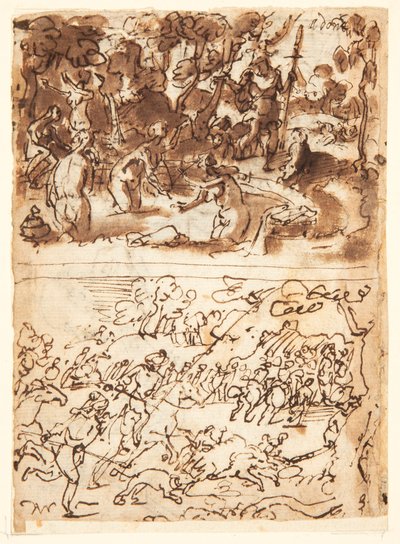 Recto, en haut : Diane et Actéon ; Recto, en bas : Chasse au sanglier ; Verso, en haut : études de deux têtes masculines ; Verso, en bas : Rencontre d