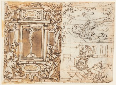 Page de carnet de croquis; Monument de Marc Aurèle Antonin avec son fils; Étude pour une gravure - Jan van der Straet, called Stradanus