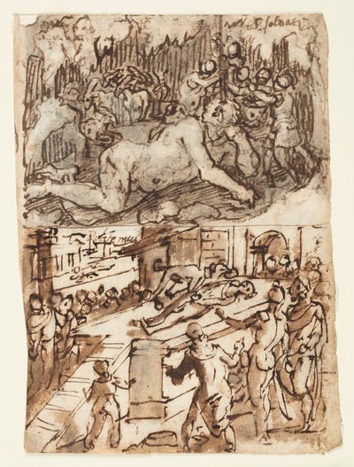 Page de carnet de croquis avec aveuglement du Cyclope - Jan van der Straet, called Stradanus