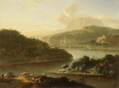 Paysage fluvial avec berger et paysanne au premier plan - Jan van der the Younger Meer