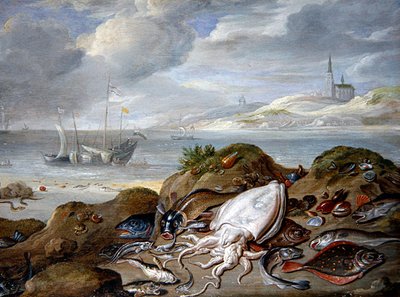 Paysage estuarien avec poisson sur une dune - Jan van the Elder Kessel