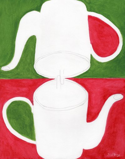 Théière Yin Yang en rose et vert, vers 2025 (aquarelle sur papier) - Janel Bragg