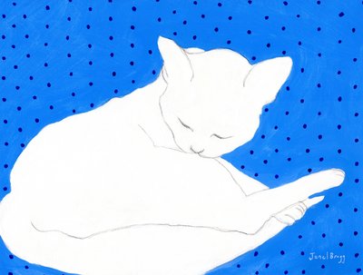 Chat blanc sur bleu à pois, c.2024 - Janel Bragg