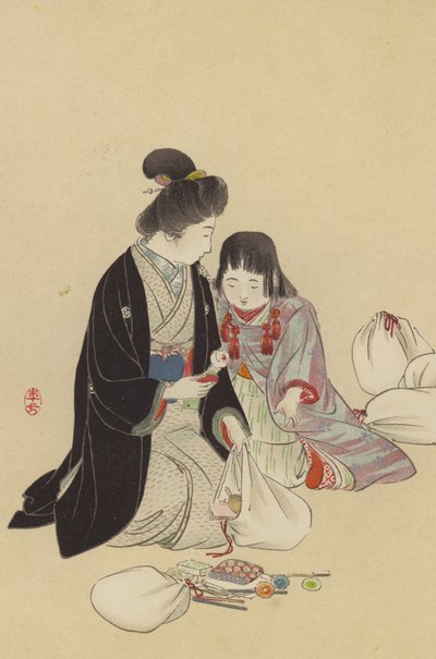 Une Mère et sa Fille arrangeant des Cadeaux à envoyer au Front - Japanese School