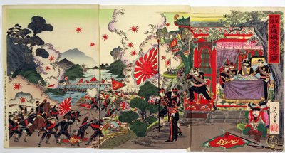 Combats entre les troupes japonaises et chinoises surveillés par un groupe d