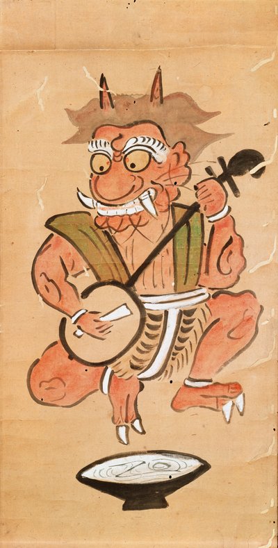 Kakemono représentant un diable jouant du shamisen - Japanese School