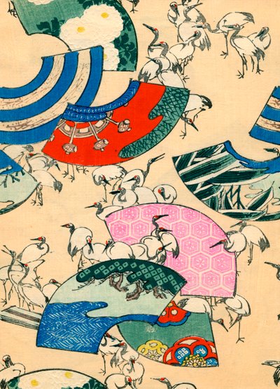 Éventails multicolores avec grues - Japanese School