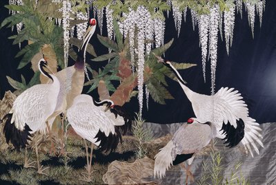Broderie suspendue avec grues, cycas et glycine - Japanese School