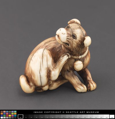 Netsuke modelé en forme de chien se grattant le cou - Japanese School