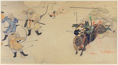 Samouraï Takezaki charge les envahisseurs mongols alors que des obus explosent au-dessus pendant les invasions mongoles du Japon en 1274, illustration du magazine Kokka, mai 1921 - Japanese School