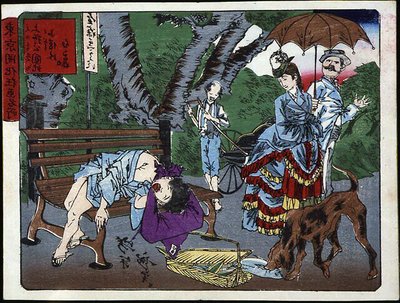 Scène dans le parc de Uéno au Japon : Un enfant coursier dort sur un banc et se fait voler par un chien - Estampe japonaise - Japanese School