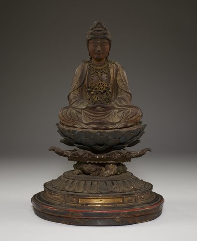 Miroku Bosatsu assis (bois polychrome avec cristal, métal et feuille d